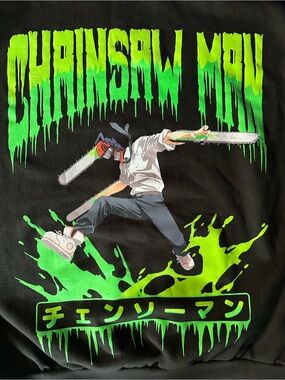 Hot Topic Black Tee with Neon Green Chainsaw Man Graphic
